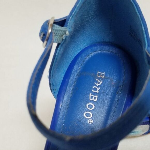 BAMBOO Eliza Blue Crochet Boho Platform Wedges - Picture 9 of 12